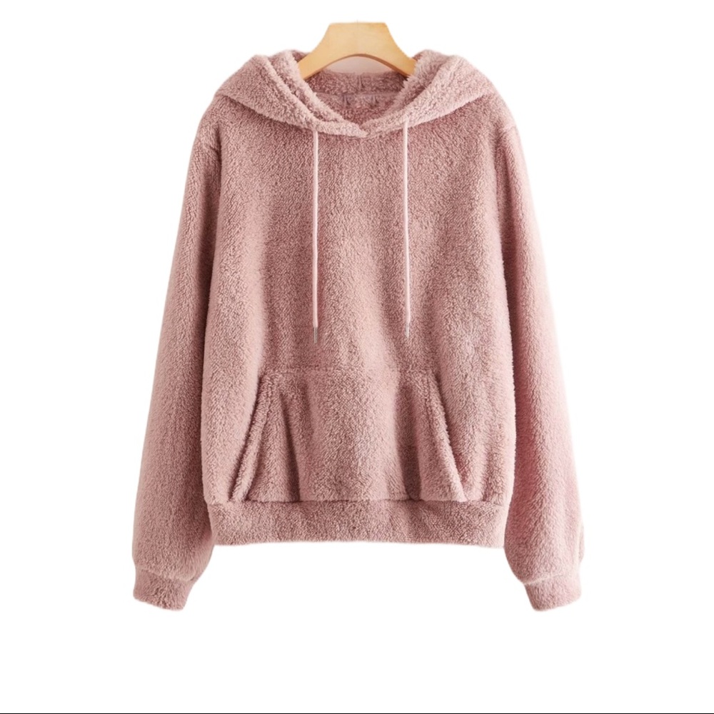 Teddy Hoodie Soft Fuzzy Sweatshirt Colorblock - Picture 3 of 7